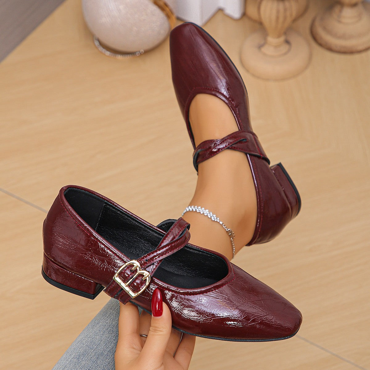Women's Metallic Mary Jane Flats with Buckle Strap