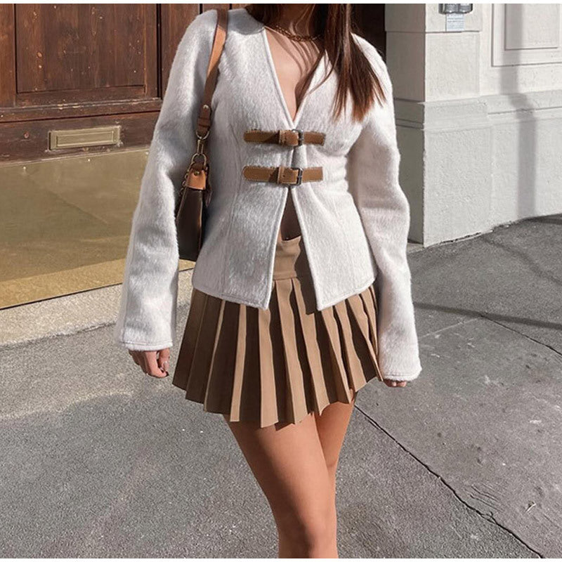 Women's Buckle-Front Teddy Jacket with V-Neck
