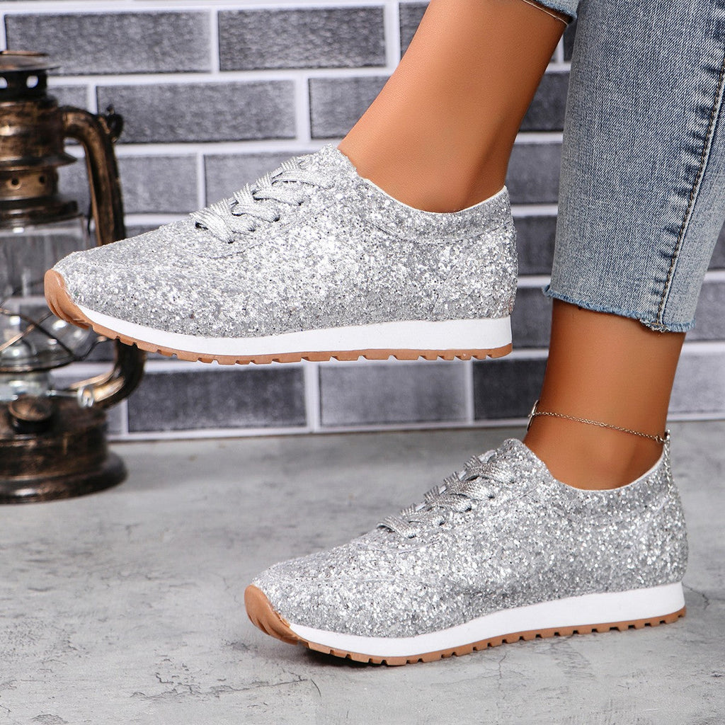 Women's Glitter Lace-Up Sneakers with White Sole