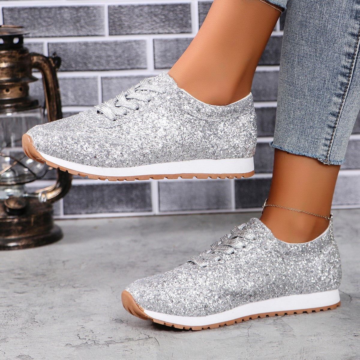 Women's Glitter Lace-Up Sneakers with White Sole