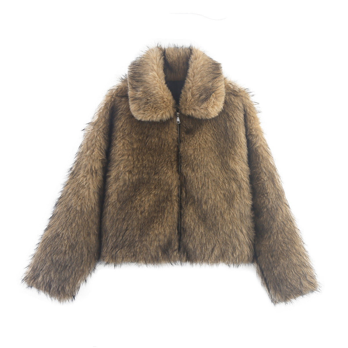 Women's Faux Fur Jacket with Oversized Collar and Zip Front