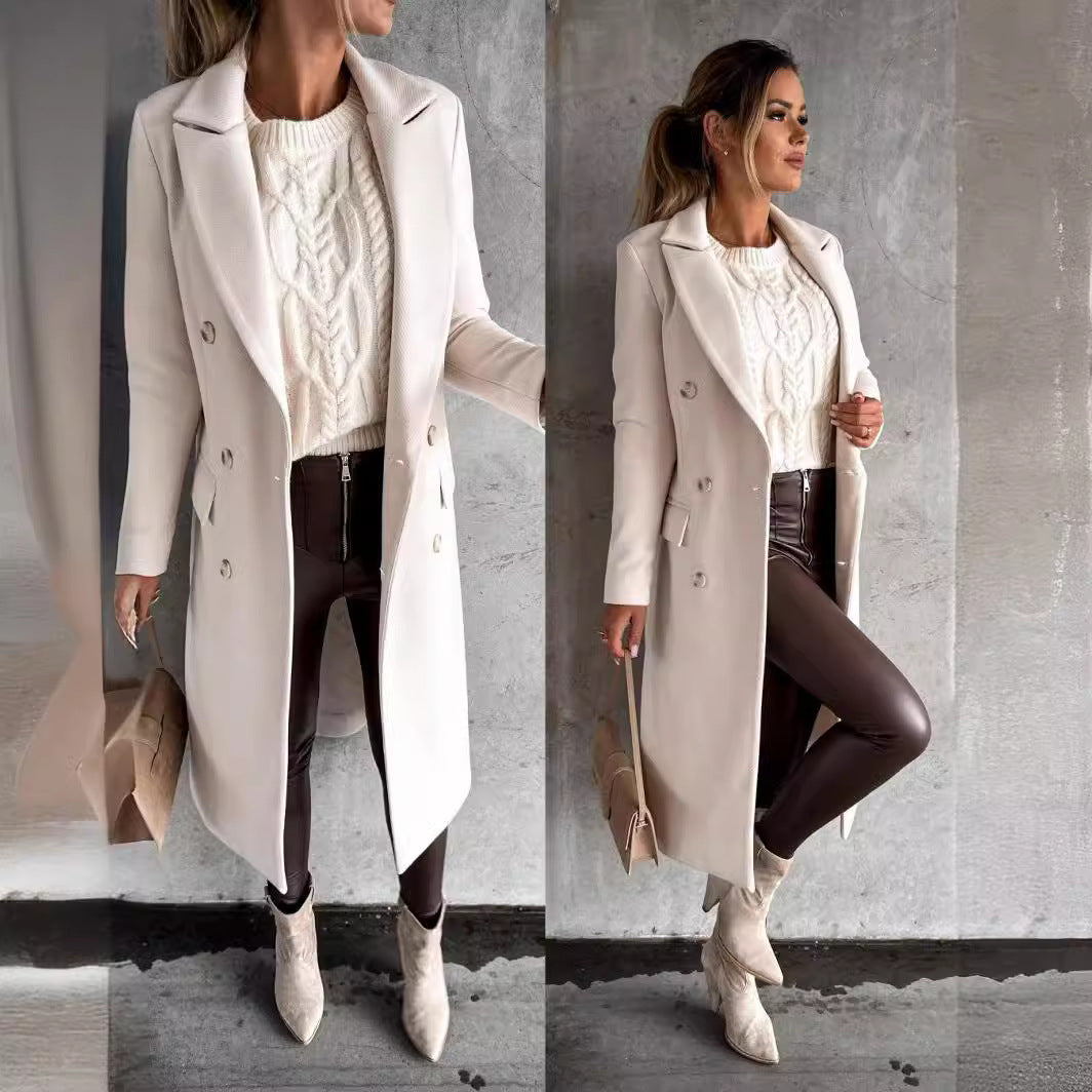 Women's Double-Breasted Long Coat with Notched Lapel