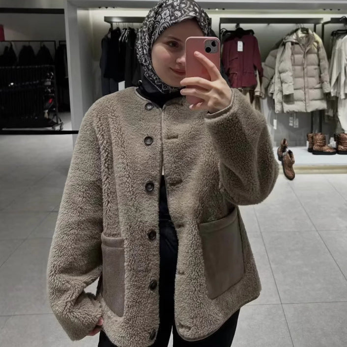 Women's Button-Front Teddy Fleece Jacket with Patch Pockets