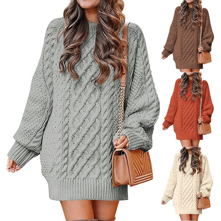 Women's Oversized Cable Knit Sweater with Crew Neck