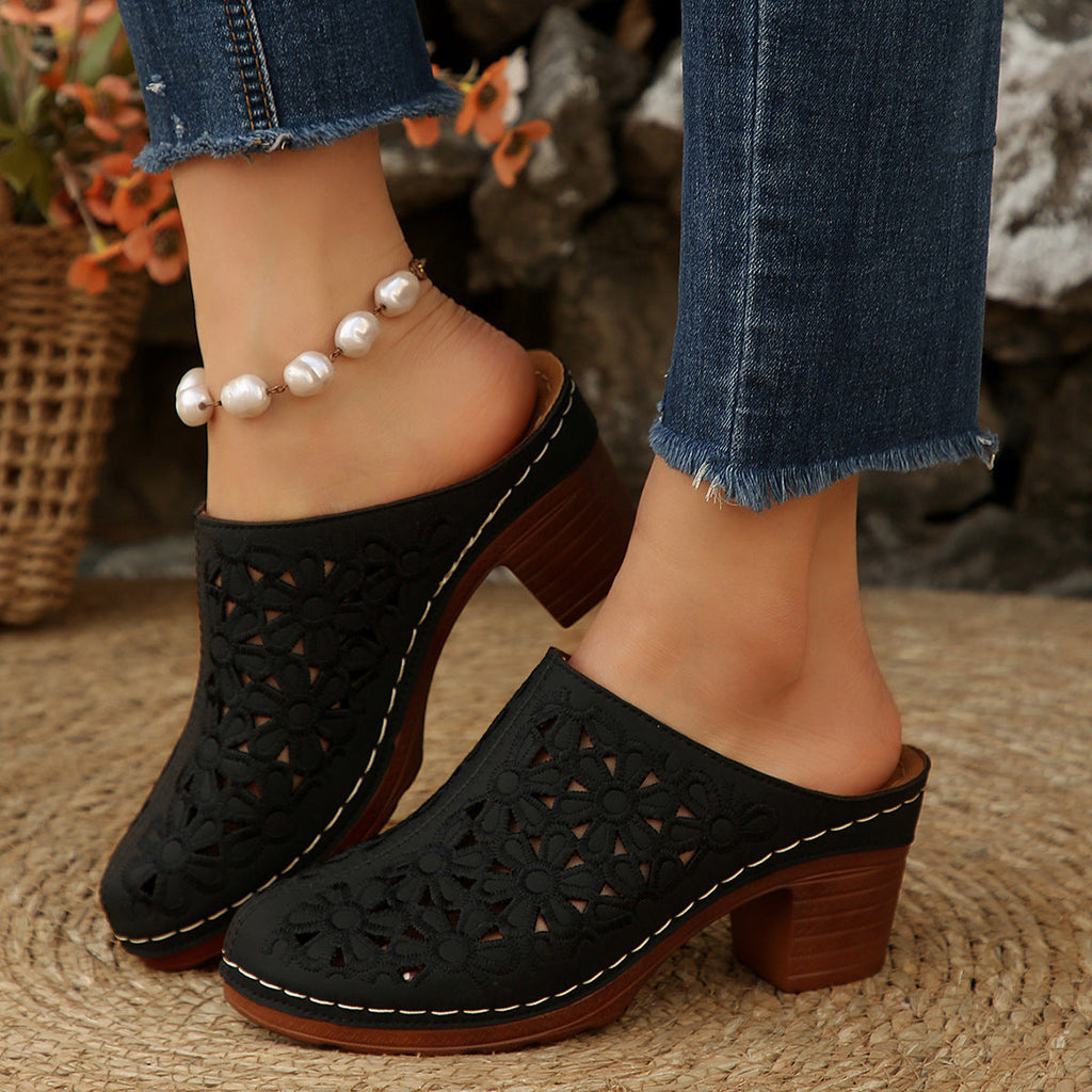 Women's Laser-Cut Clogs with Block Heel and Open Back