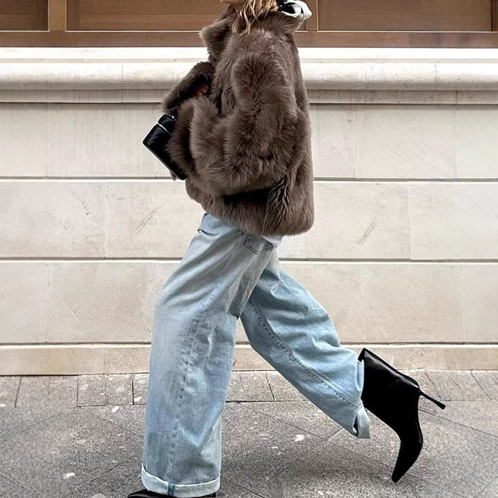 Women's Faux Fur Jacket with Stand Collar for Winter