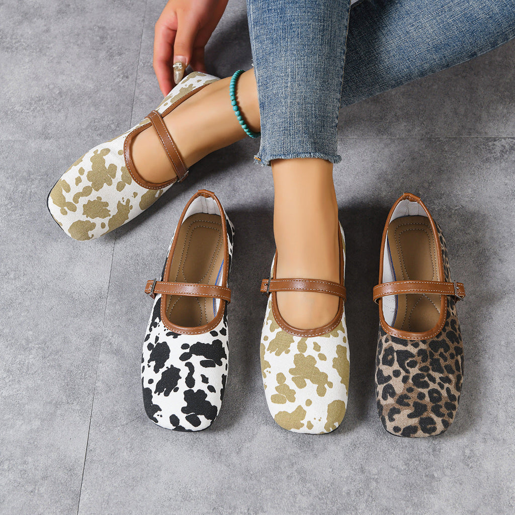Women's Animal Print Mary Jane Flats with Adjustable Strap