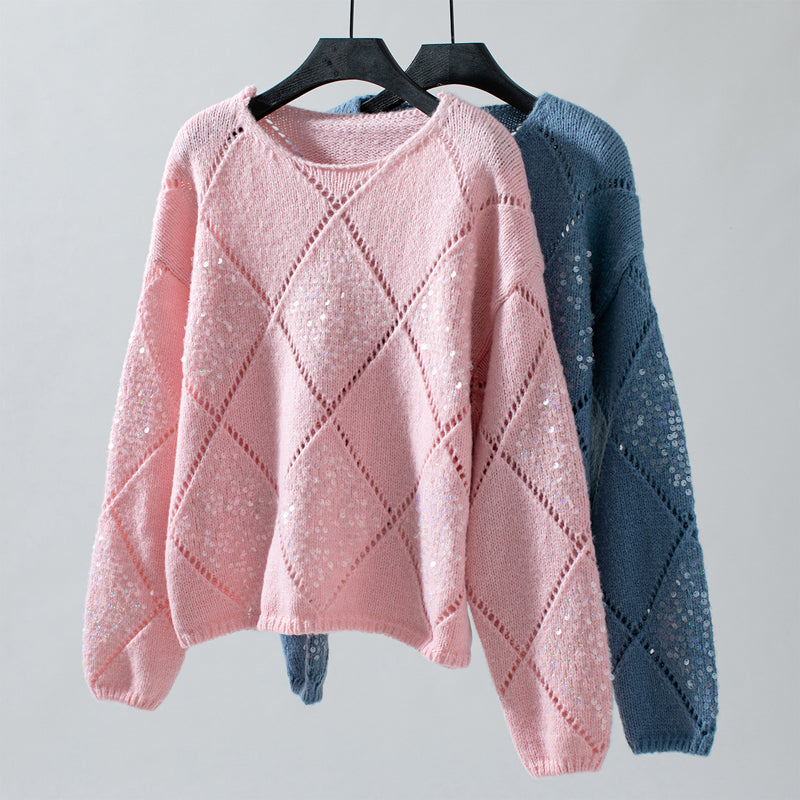 Women's Sequin Diamond Pattern Crew Neck Sweater