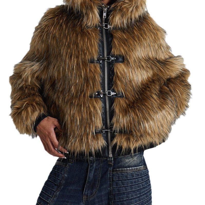 Women's Shaggy Hooded Zip-Front Jacket with Toggle Closures