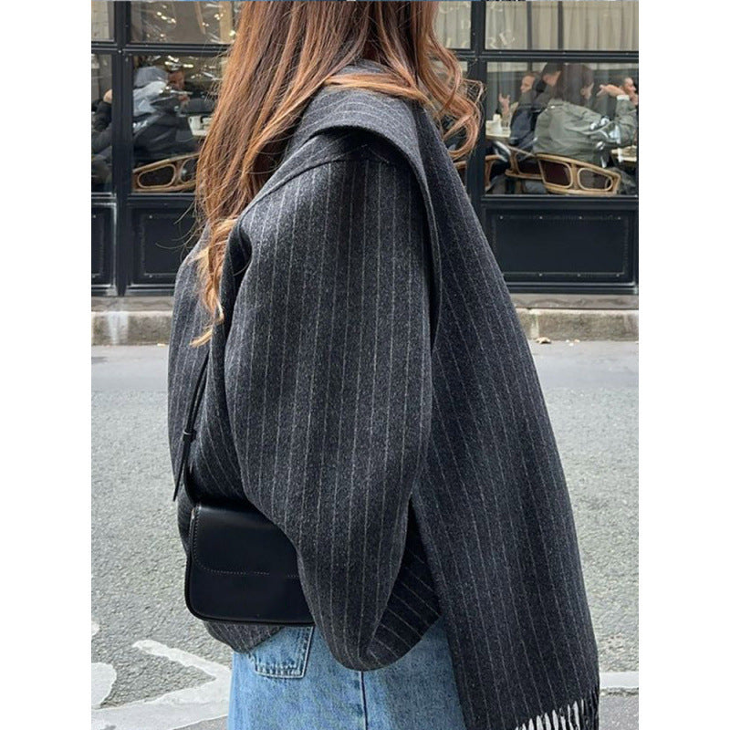 Women's Oversized Pinstripe Jacket with Fringe Detail