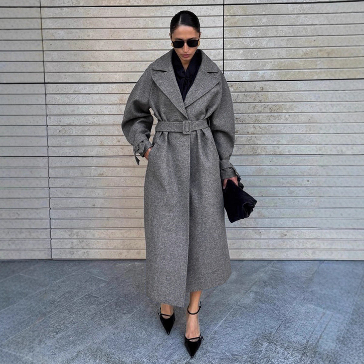 Women's Belted Wrap Coat Wide Lapel Long for Winter