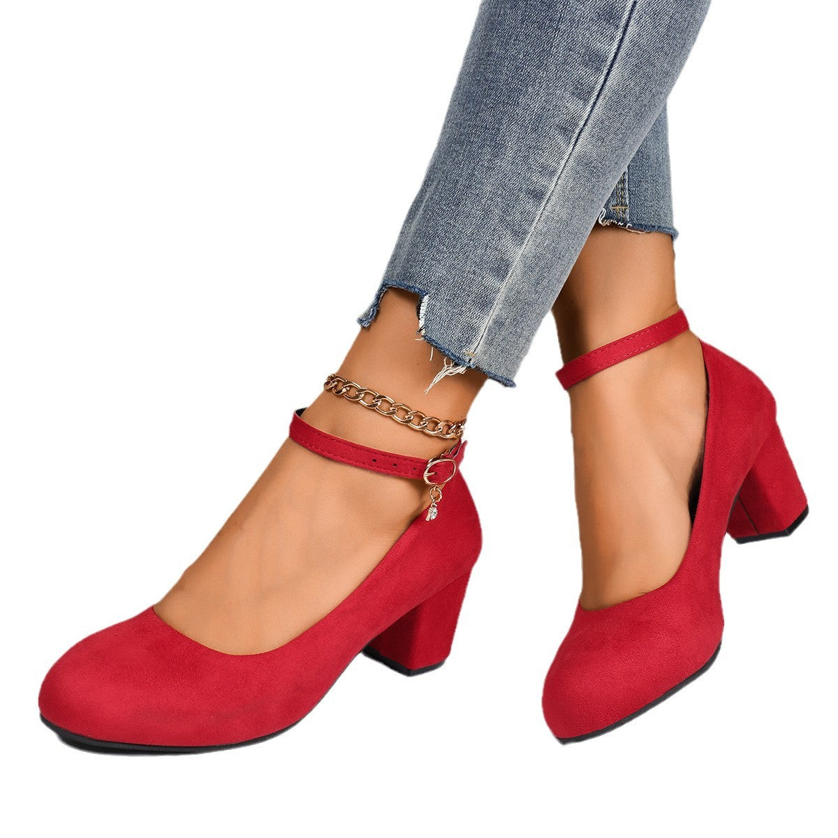 Women's Block Heel Pumps with Ankle Strap and Round Toe