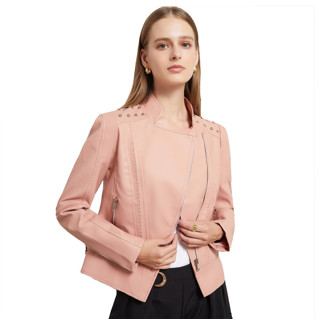 Women's Asymmetric Zip Moto Jacket with Stud Shoulder Detail