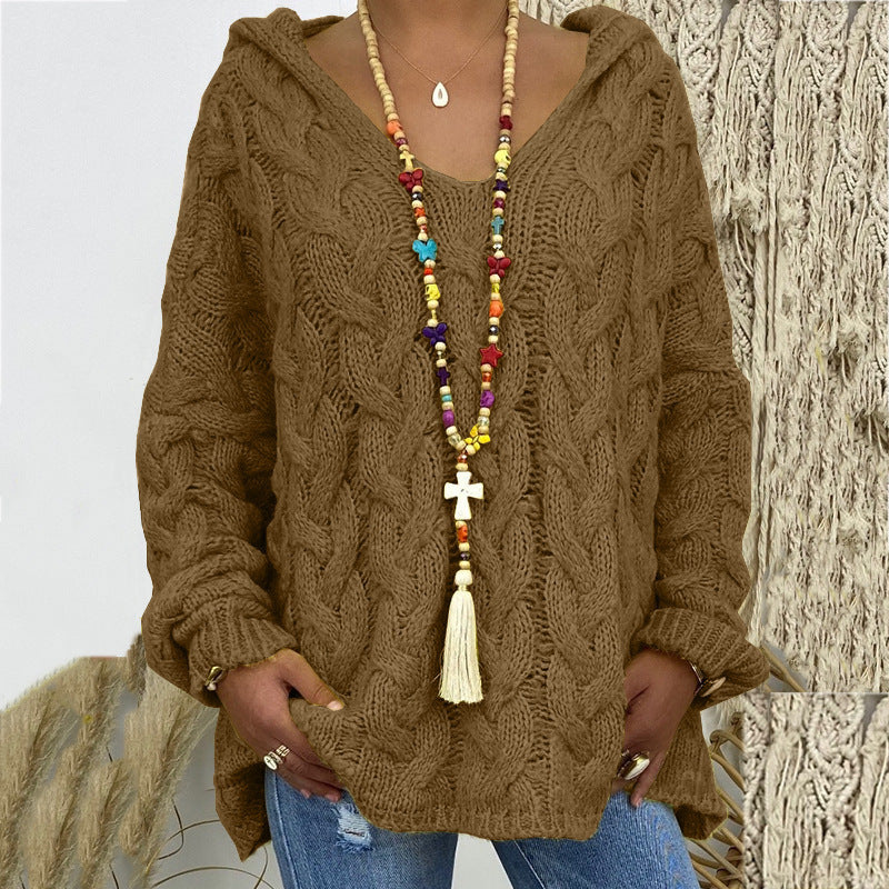Women's Cable Knit Oversized Hooded Sweater V-Neck