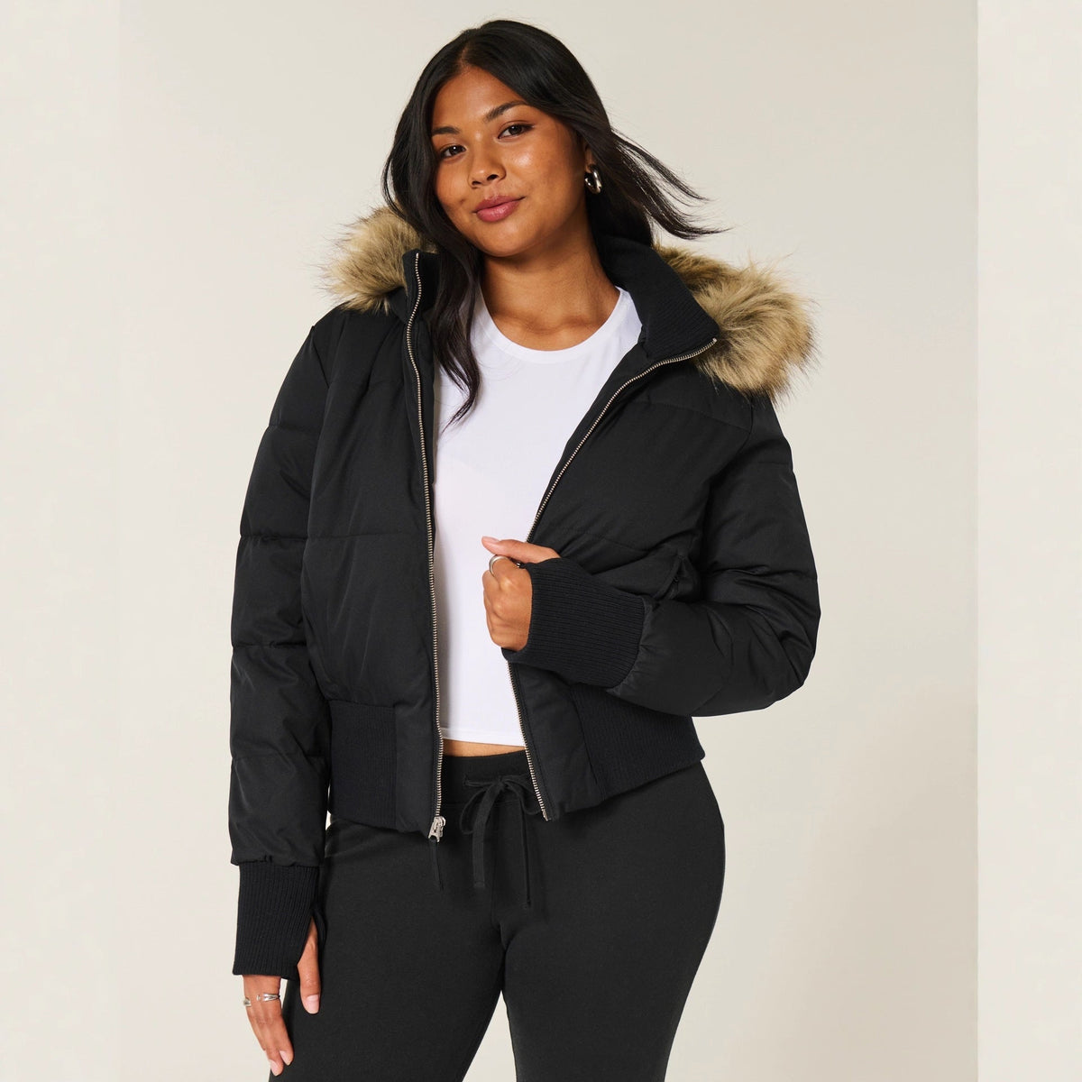 Women's Quilted Hooded Puffer Jacket, Zip Front, Long Sleeves