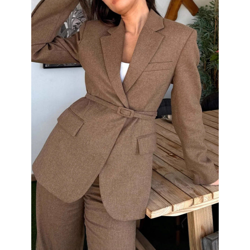 Women's Belted Blazer with Notched Lapels and Side Pockets