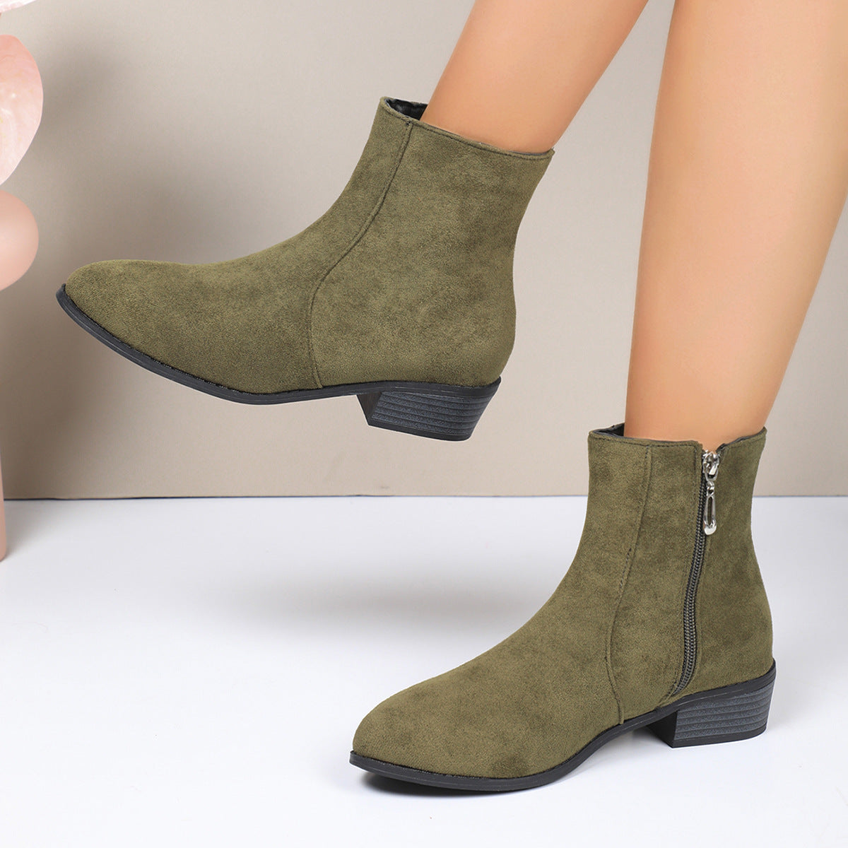 Women's Ankle Boots Block Heel Side Zip Pointed Toe