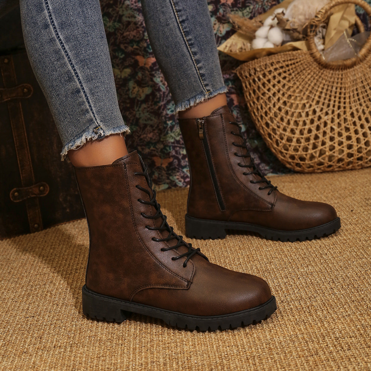 Women's Lace-Up Combat Boots with Side Zip and Lug Sole