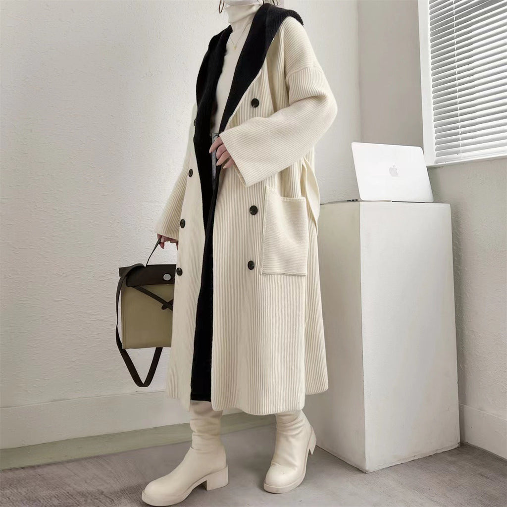 Women's Ribbed Long Coat with Button Front and Patch Pockets
