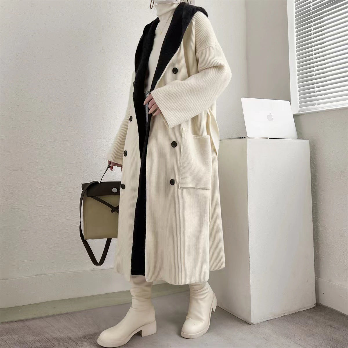 Women's Ribbed Long Coat with Button Front and Patch Pockets