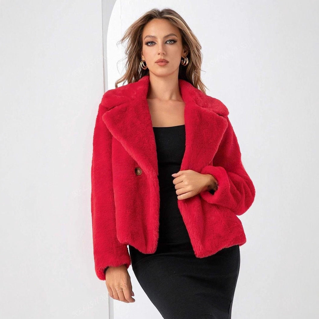 Women's Teddy Jacket with Wide Collar and Button Front