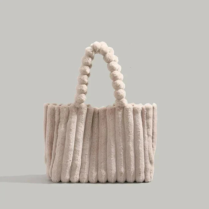 Women's Plush Ribbed Handbag with Beaded Handle