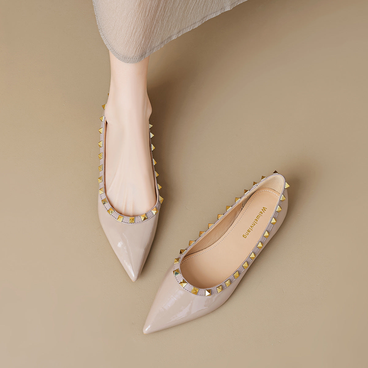 Women's Pointed Toe Studded Ballet Flats Slip-On