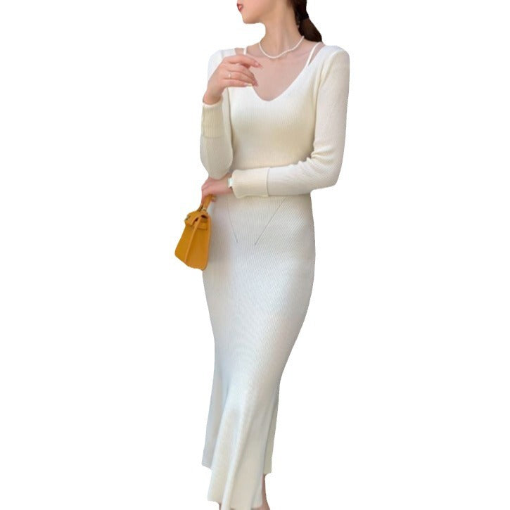 Women's Ribbed V-Neck Midi Dress with Long Sleeves