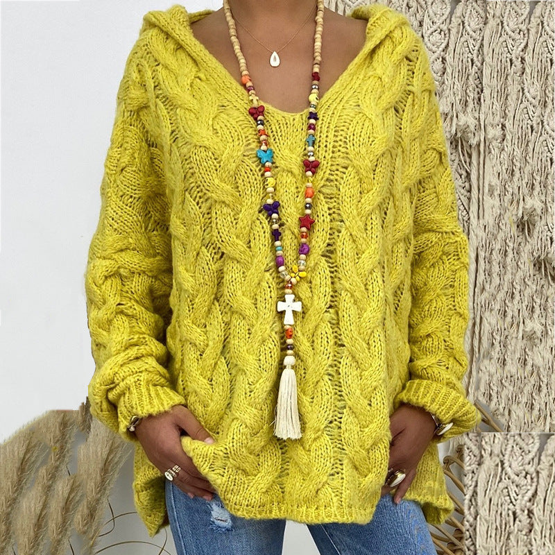 Women's Cable Knit Oversized Hooded Sweater V-Neck