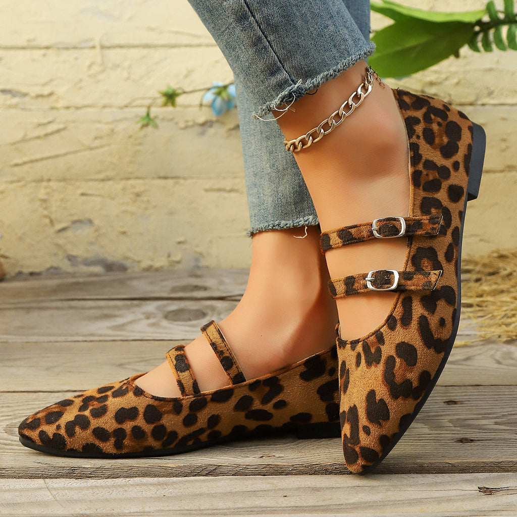 Women's Leopard Print Mary Jane Flats Double Buckle