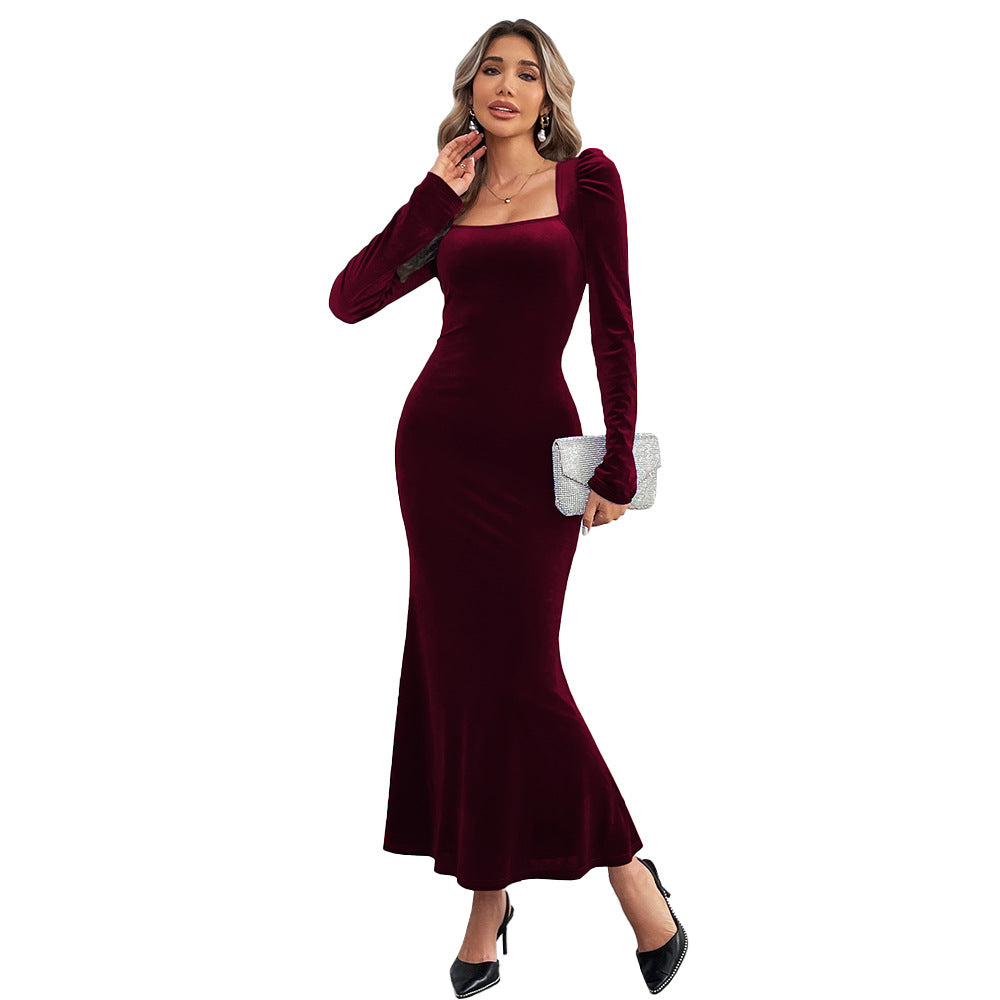 Women's Square Neck Bodycon Maxi Dress Puff Shoulder