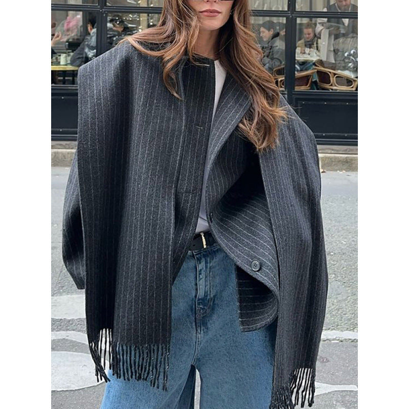 Women's Oversized Pinstripe Jacket with Fringe Detail