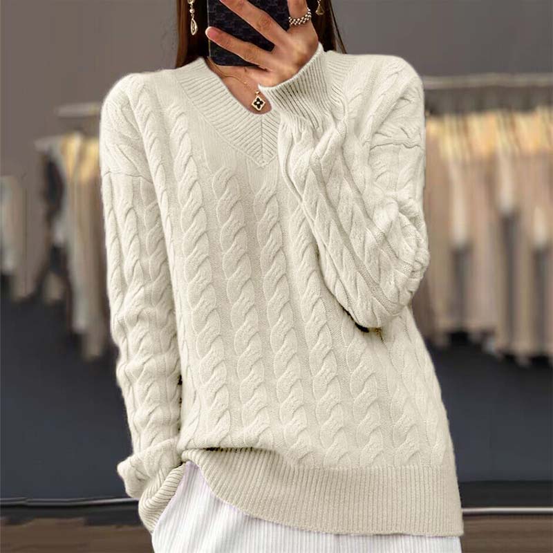 Women's Cable Knit Pullover Sweater V-Neck Long Sleeve