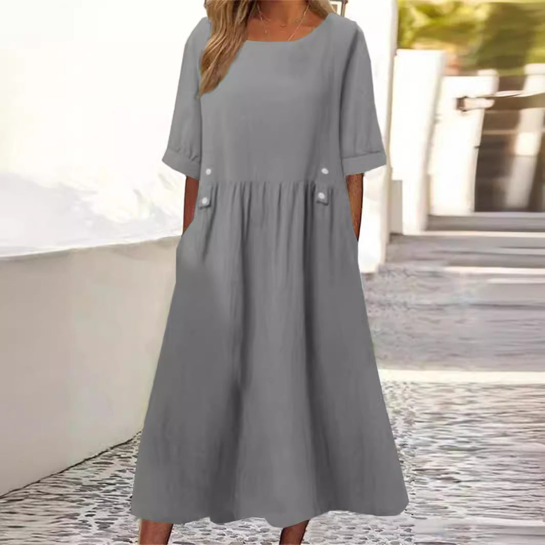 Women's Lightweight Summer Midi Dress with Round Neckline and Relaxed Fit
