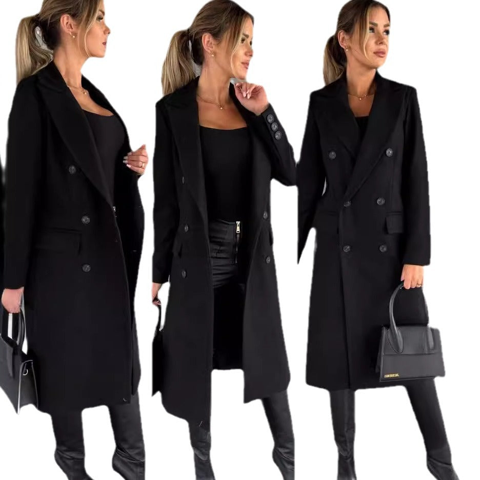 Women's Double-Breasted Long Coat with Notched Lapel
