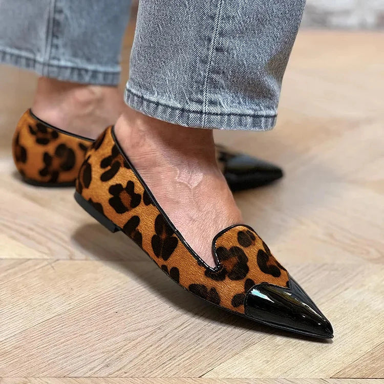 Women's Leopard Print Pointed Flats with Glossy Toe