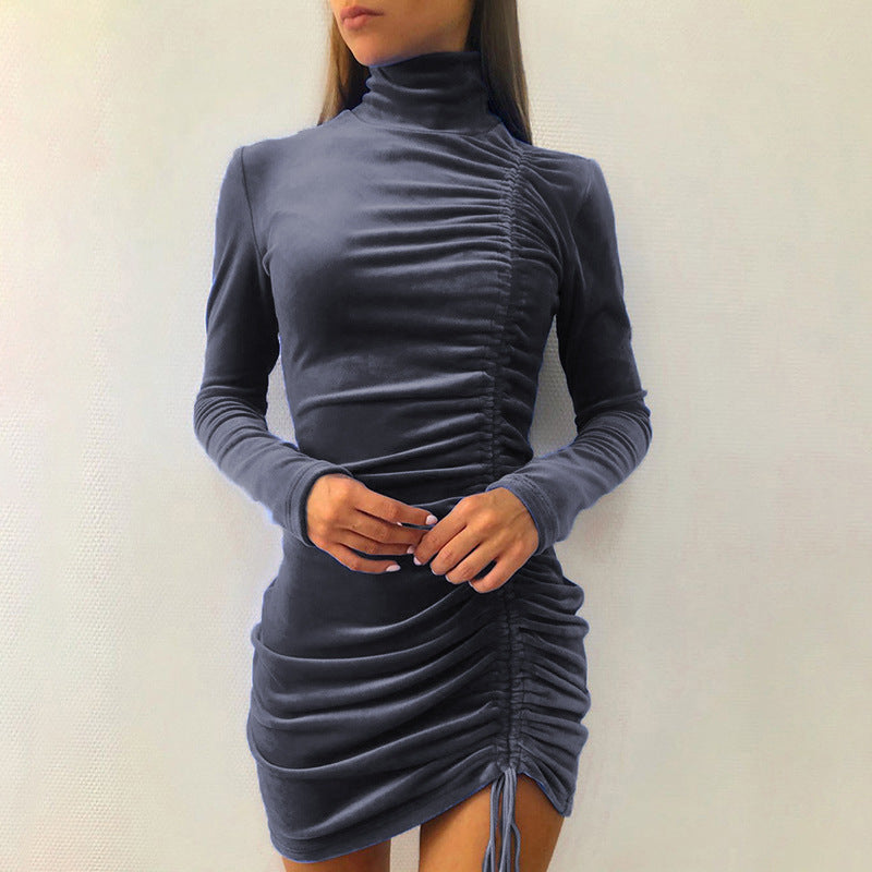 Women's Ruched Turtleneck Mini Dress Long Sleeve