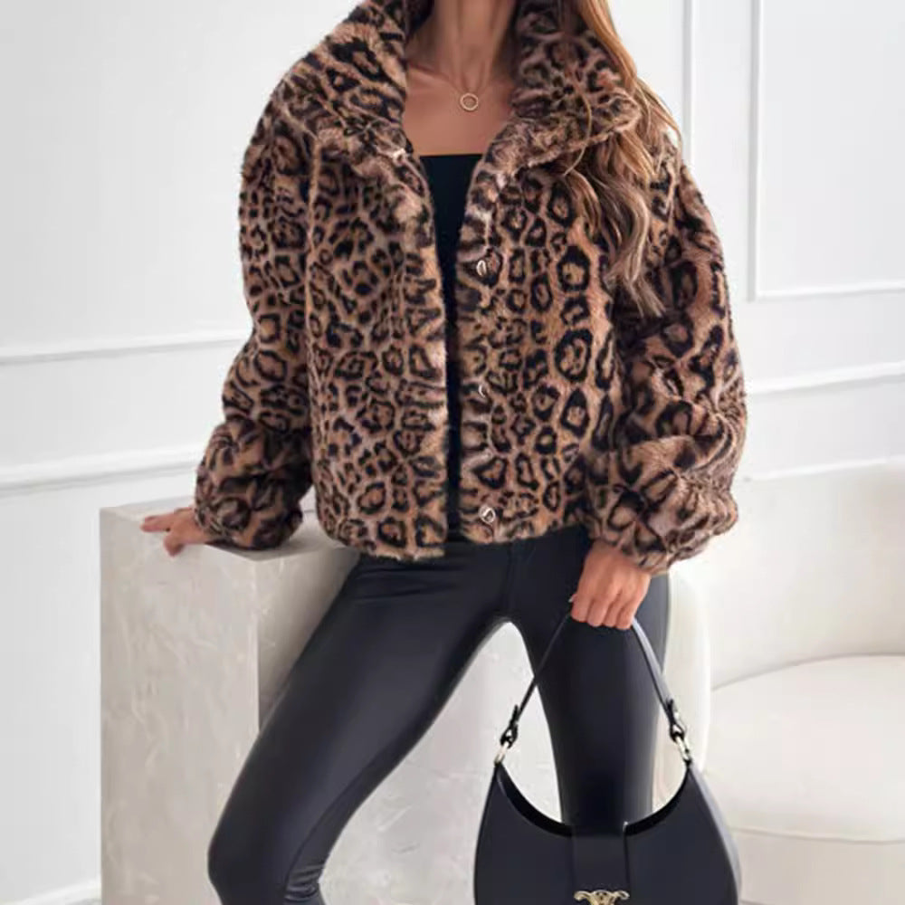 Women's Leopard Print Faux Fur Jacket with Collar