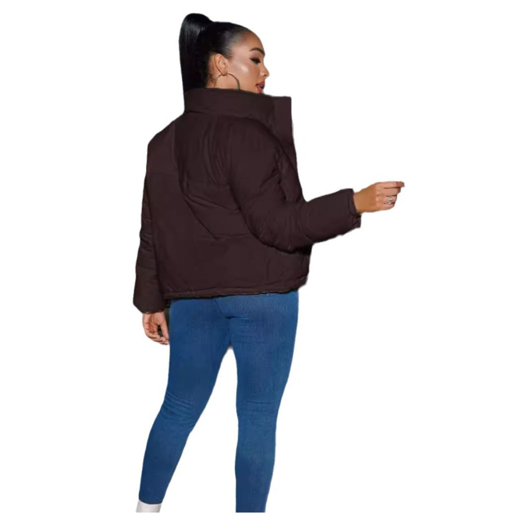 Women's Cropped Puffer Jacket High Collar Snap Front