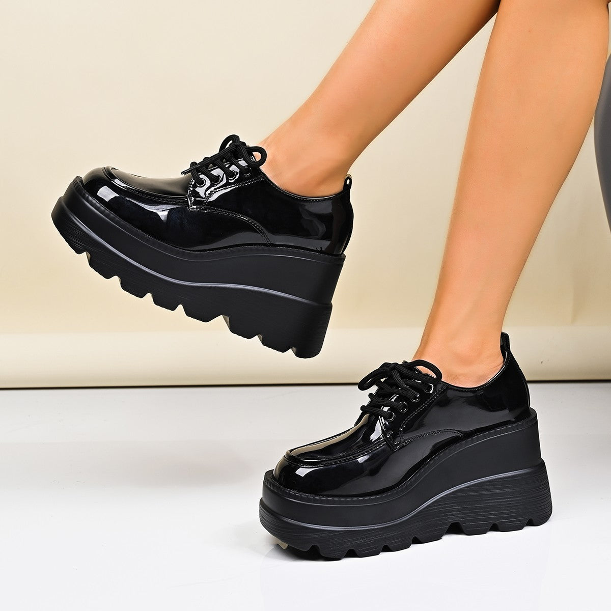 Women's Platform Lace-Up Shoes with Patent Finish