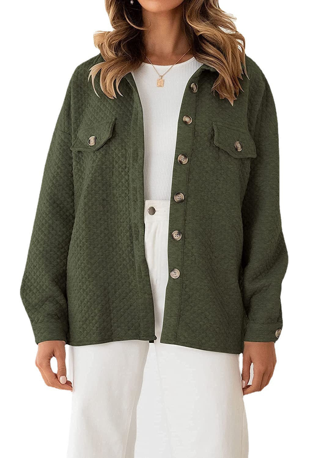 Women's Quilted Shirt Jacket Button-Front with Patch Pockets