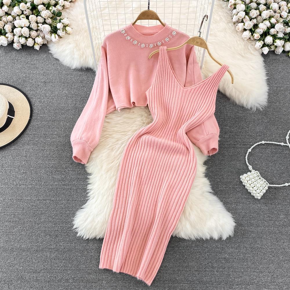 Women's Ribbed Sweater Dress Set with Pearl Collar