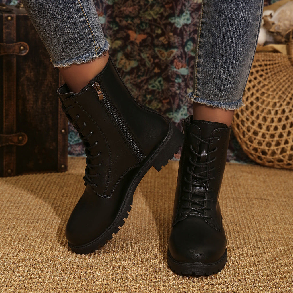 Women's Lace-Up Combat Boots with Side Zip and Lug Sole
