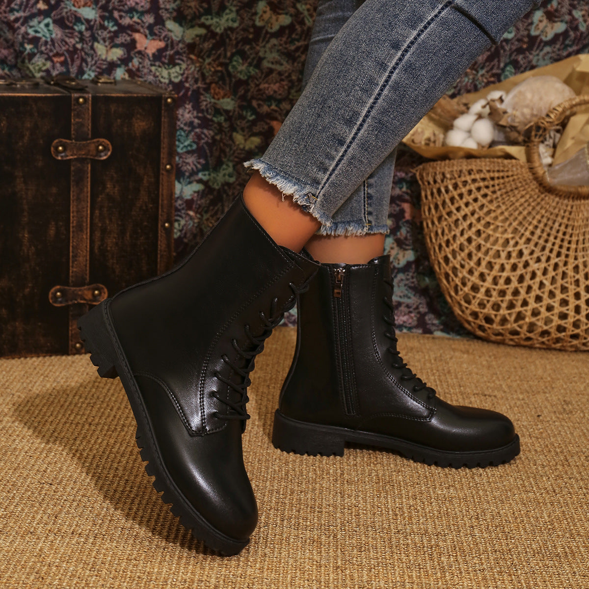 Women's Lace-Up Combat Boots with Side Zip and Lug Sole