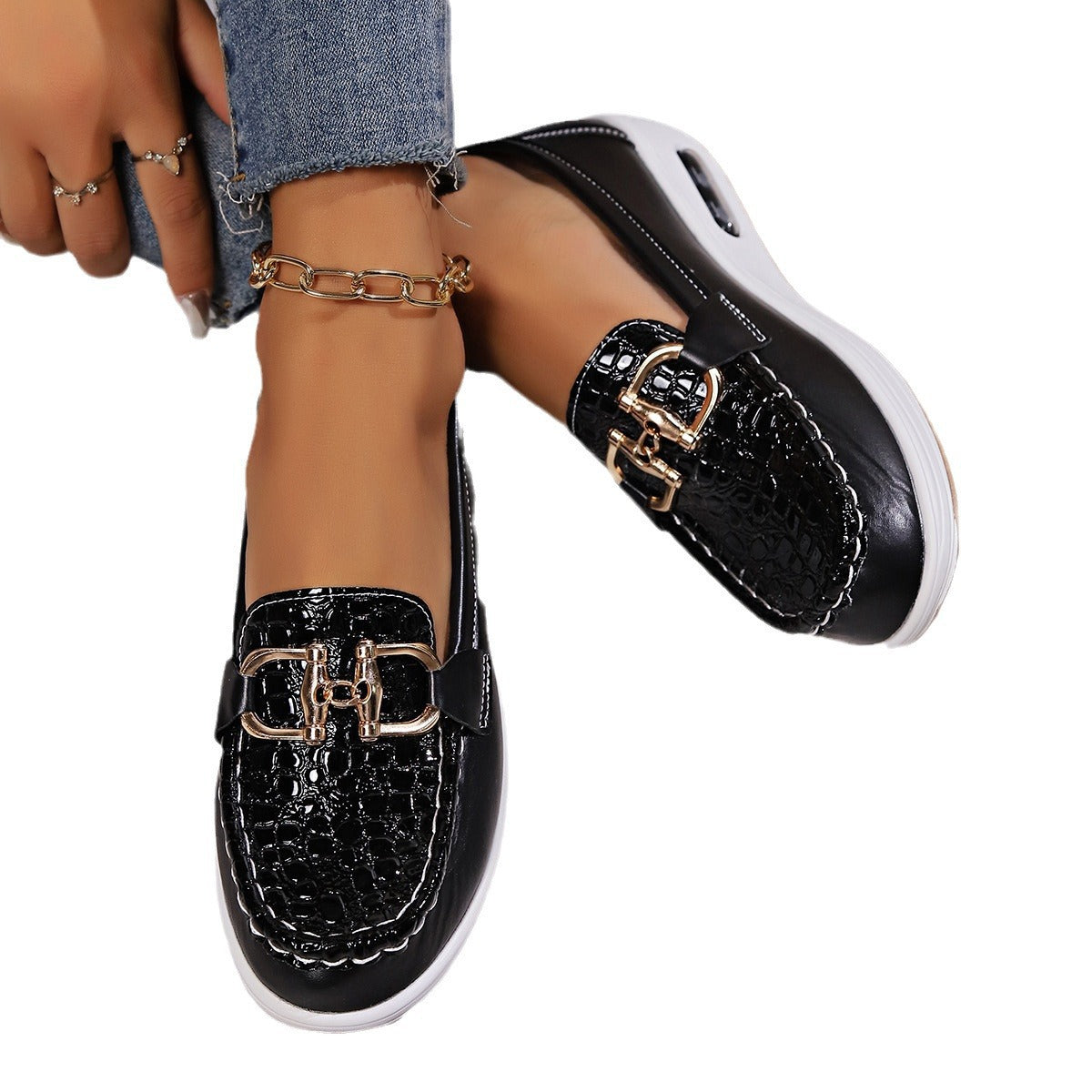 Women's Platform Loafers with Chain Detail and Croc Embossed