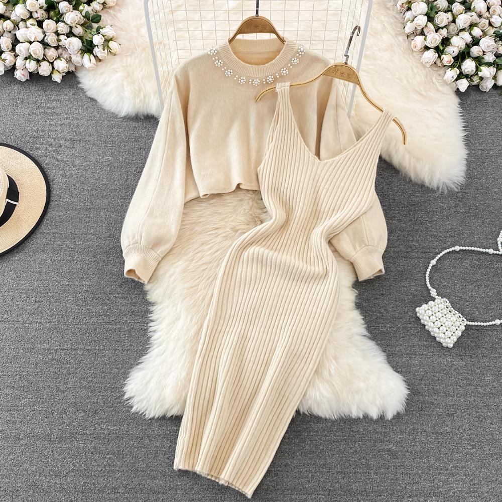 Women's Ribbed Sweater Dress Set with Pearl Collar