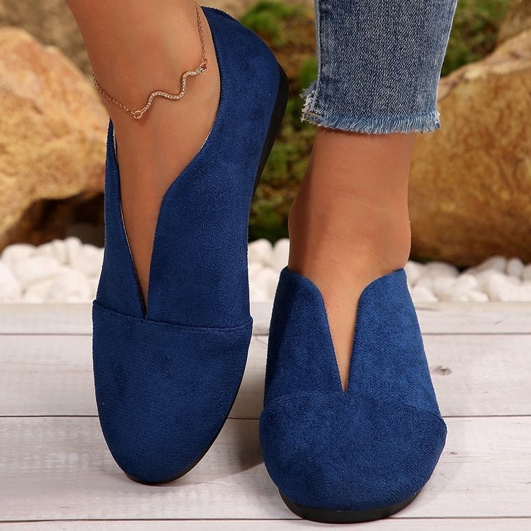Women's V-Cut Slip-On Flat Shoes with Rounded Toe