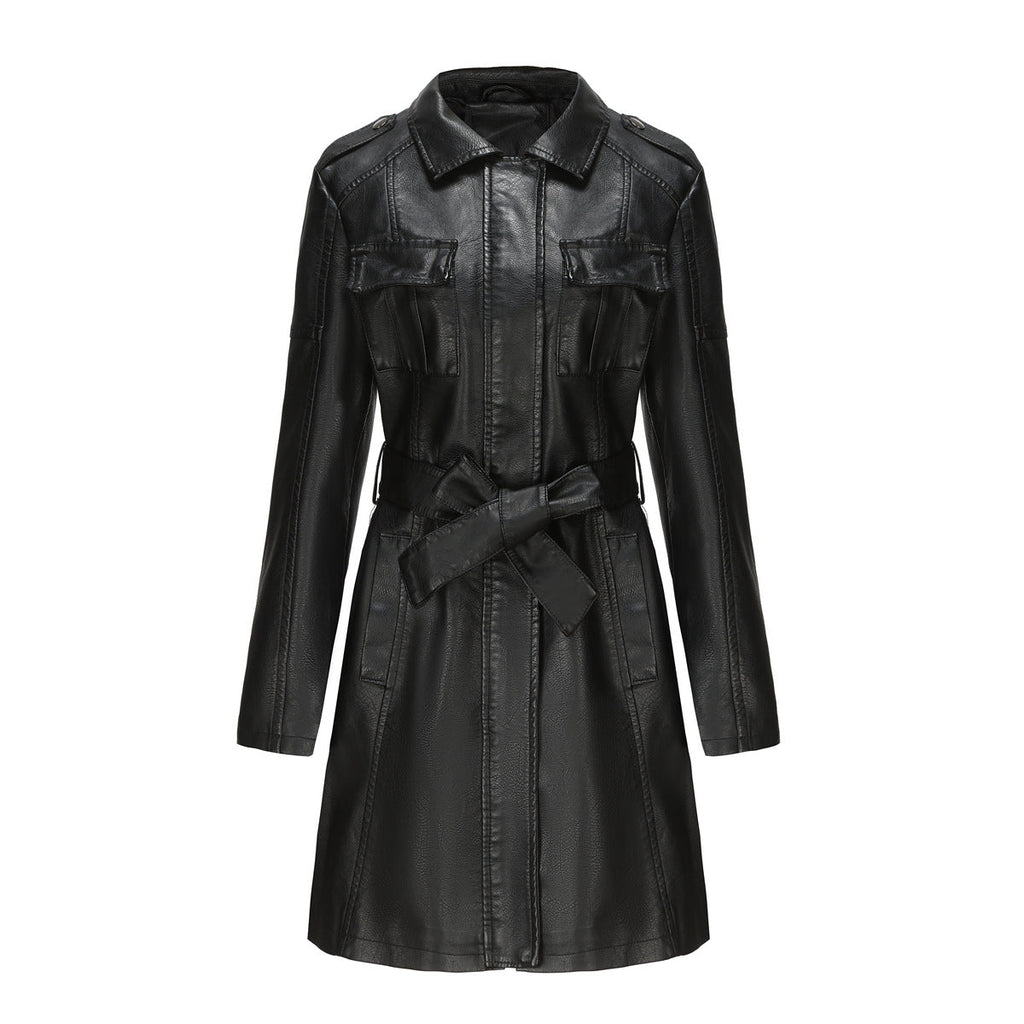 Women's Belted Faux Leather Shirt Dress with Flap Pockets