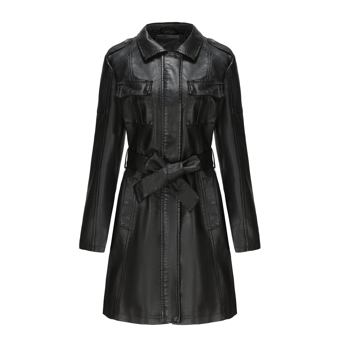 Women's Belted Faux Leather Shirt Dress with Flap Pockets