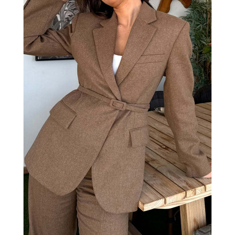 Women's Belted Blazer with Notched Lapels and Side Pockets